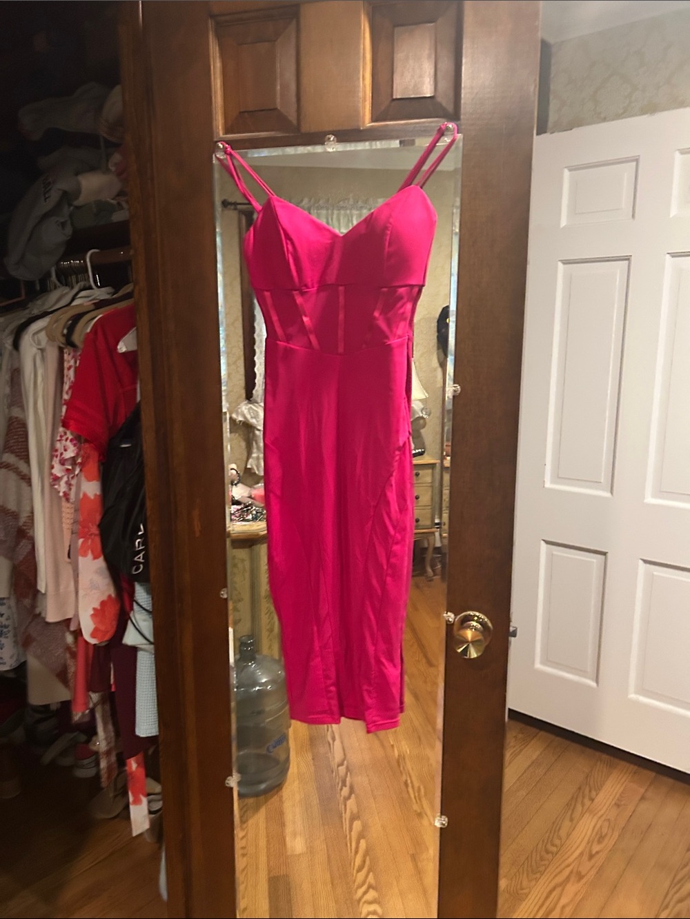privy Hot Pink Midi Bodycon Dress with Spaghetti Straps